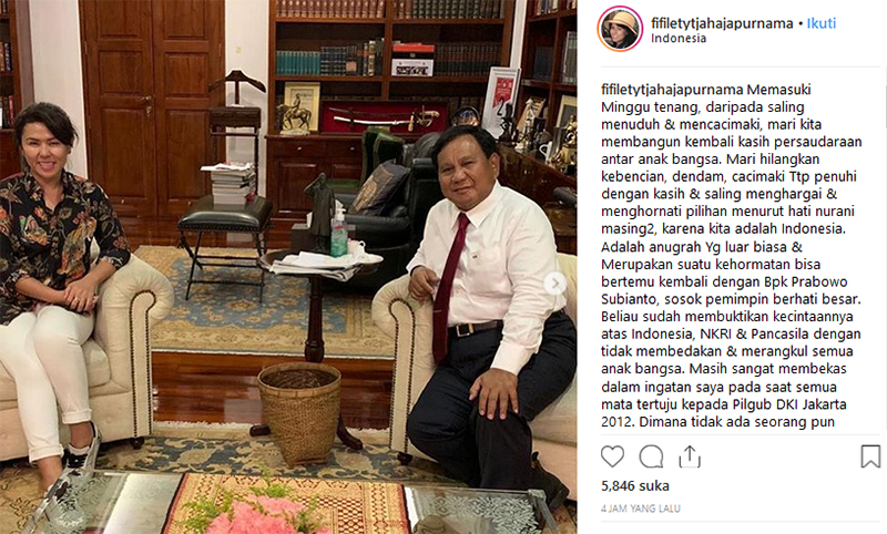 Adik kandung Ahok, Fifi Lety Tjahaja Purnama, bertemu dengan calon presiden nomor urut 02 Prabowo Subianto (Foto: Law-justice.co)