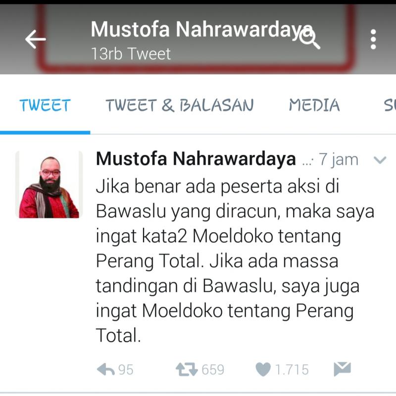 Cuitan Mustofa Nahrawardaya melalui akun @Akun Tofa yang menyinggung pernyataan Moeldoko tentang Perang total (Twitter @Akun Tofa)