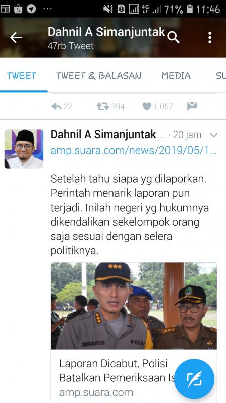 Ciutan dahnil Anzar Simanjuntak melalui akun Twitternya @Dahnilanzar terkait pencabutan laporan terhadap istri Eks Danjen Kopassus di Kepolisian Resor Metro Bekasi Kota. (Twitter Dahnil Anzar Simanjuntak)