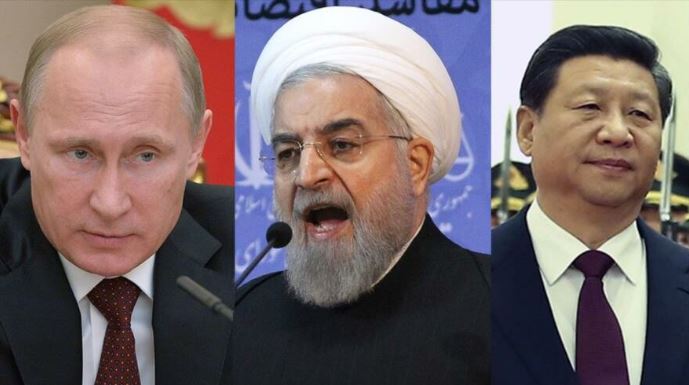  Presiden Rusia Vladimir Putin (kiri), Presiden Iran, Hassan Rouhani (tengah) dan Presiden China, Xi Jinping (kanan) (Foto: HispanTV)
