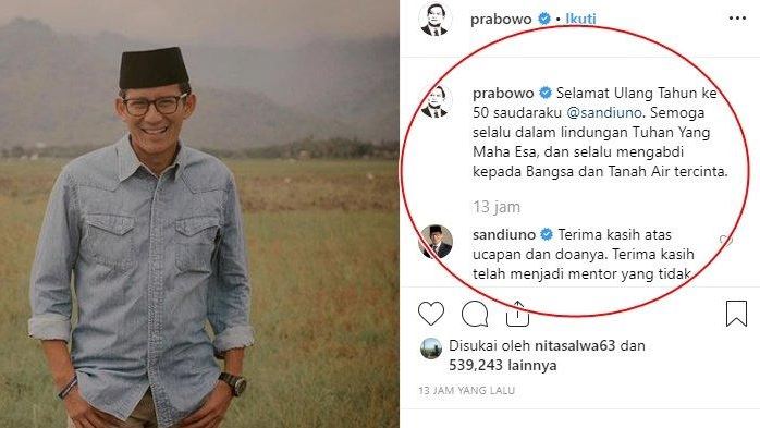 Akun twitter Prabowo Subianto mengucapkan selamat ulang tahun ke Sandiaga Uno (Foto: Tribun)