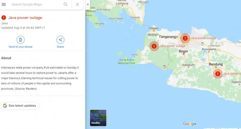 Google Maps yang menandai daerah terdampak pemadaman listrik. (Foto: tangkapan layar laman Google Maps)
