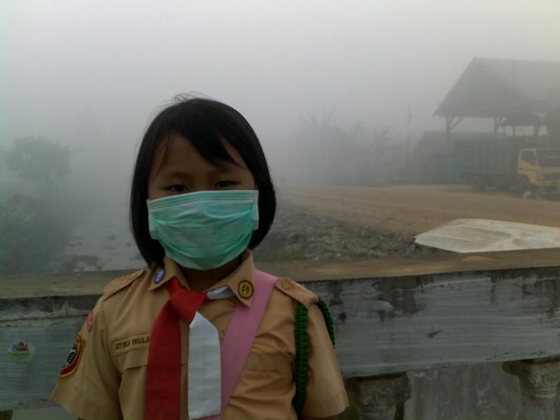 Seorang Anak Sekolah Dasar Menggunakan Masker Akibat Dampak Dari Kebakaran Hutan (fraksipan)