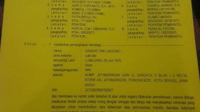 Surat Penangkapan Dandhy Dwi Laksono IST)
