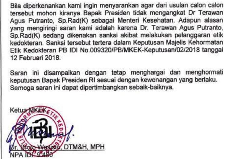 Surat MKEK IDI yang Minta Presiden Jokowi Tak Angkat Dokter Terawan Jadi Menkes. (Istimewa)