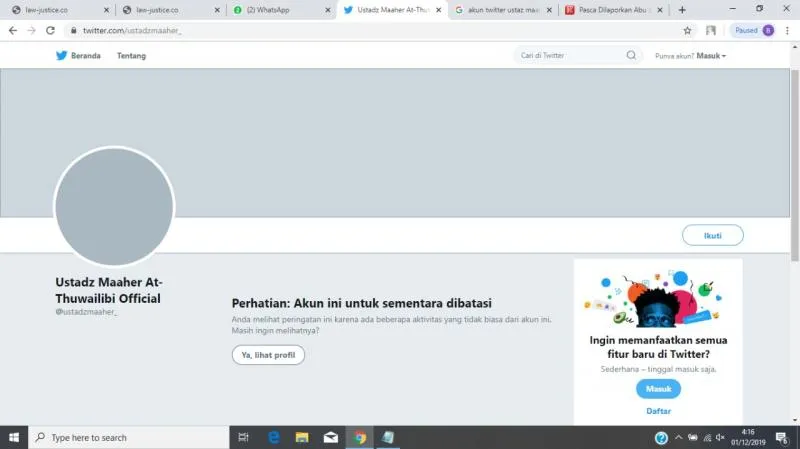Screenshoot akun twitter Ustaz Maaher. (Twitter)