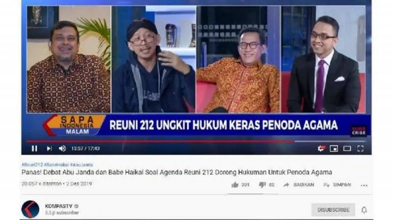 Channel Youtube Kompas TV Pegiat Media Sosial, Permadi Arya alias Abu Janda termasuk dalam tiga tokoh yang kini dianggap tengah menistakan agama.  (tribun)