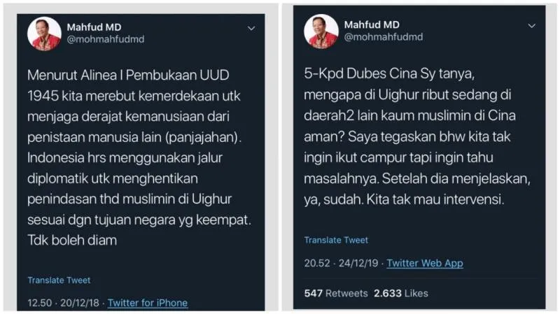 Kolase Twit Mahfud MD soal Uighur. (Suaranasional)