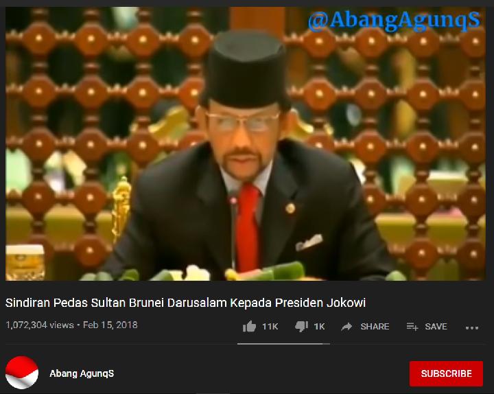 Gambar tangkapan layar video unggahan kanal YouTube Abang AgunqS yang memuat narasi keliru mengenai Sultan Brunei Darussalam dan Presiden Jokowi. (tempo)