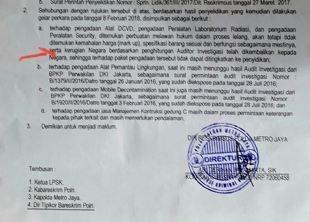 Surat hasil penyelidikan kasus dugaan korupsi di Badan Pengawas Tenaga Nuklir (Bapeten) (Foto:Repro)