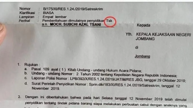 Lembaran surat pemberitahuan penyidikan kasus pencabulan anak dari Polres Jombang ke Kejaksaan Negeri Jombang. [jatimnet.com/repro]