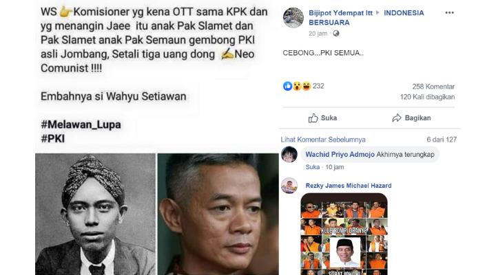 Gambar tangkapan layar unggahan akun Bijipot Ydempat Itt di Facebook yang memuat klaim keliru mengenai mantan Komisioner KPU yang terjaring OTT KPK, Wahyu Setiawan. (Tempo.co)