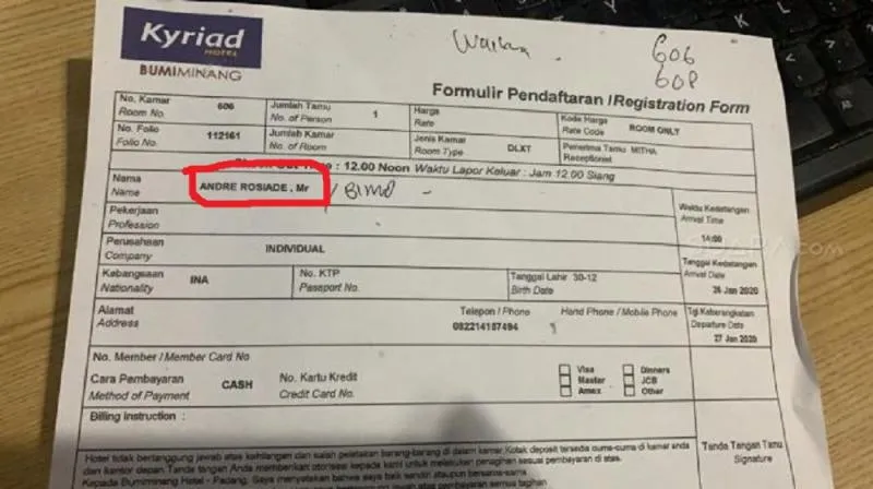 Struk kamar Hotel PSK NN Digrebek. (Suara.com)