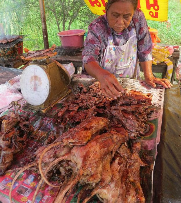 Seorang penjual makanan menjajakan tikus panggang yang baru selesai dimasak di sepanjang jalan besar, di utara Bangkok, Thailand (Foto: Grant Singleton)