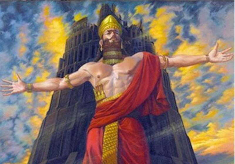 Raja Namrud dengan latar belakang menara Babel (abadikini)