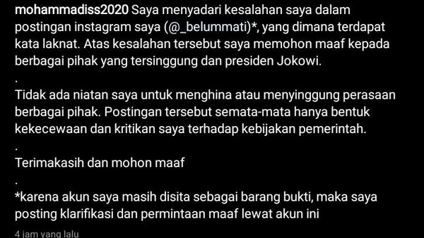 Permintaan maaf mahasiswa Solo yang dutangkap Polda Jateng dengan tuduhan hina Jokowi, Sabtu (21/3/2020). (Foto: Tangkapan layar foto di medsos)