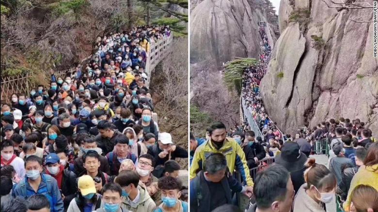Lebih dari 20 ribu warga Cina mengisi libur akhir pekan di taman gunung Huangshan di provinsi Anhui pada 4 April 2020 (CNN)