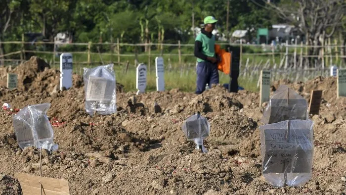 nisan dari kardus di pemakaman korban covid-19 (detikcom)