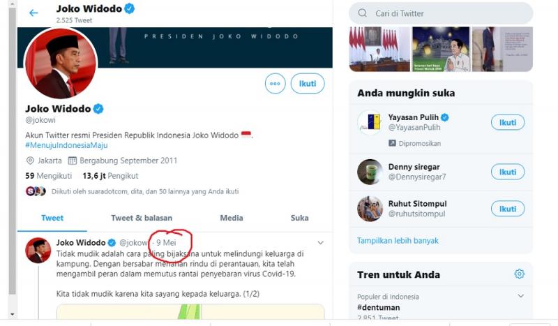 Hingga Kini, Belum Ada Ucapan Duka Eks Panglima TNI di Twitter Jokowi. (screenshot Twitter).