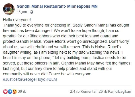 Unggahan facebook pihak restoran Gandhi Mahal. (facebook.com/GandhiMahalRestaurant)