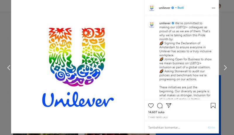 Dukungan Unilever Pada LGBT di Instagram. (Instagram Unilever)