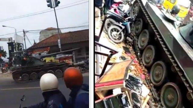 Viral! Di Bandung Barat, Tank TNI Tabrak Motor & Gerobak Gorengan. (gelora).