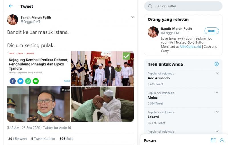 Penghubung Pinangki & Djoko Tjandra Disebut Masuk Istana Jadi Sorotan. (@EnggalPMT)