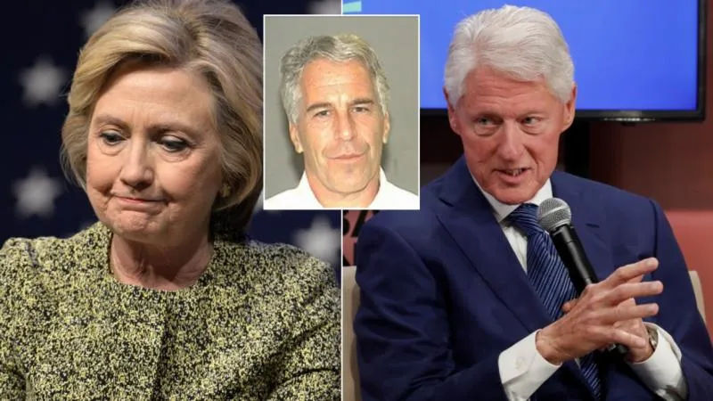Hillary Clinton (kiri), Bill Clinton (kanan) dan foto seorang pria bernama Jeffrey Epstein (tengah) yang disebut jadi penyebab rusaknya rumah tangga Bill Clinton.  