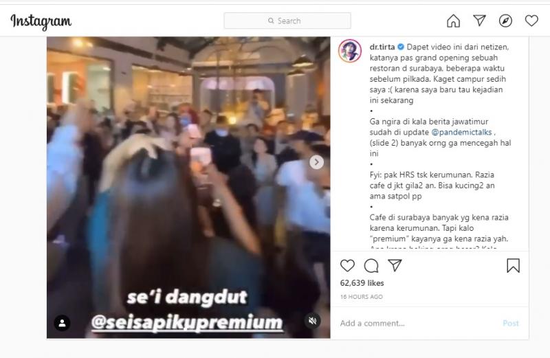 Unggah Video Kerumunan Surabaya, dr Tirta Singgung Keadilan bagi HRS. (instagram).
