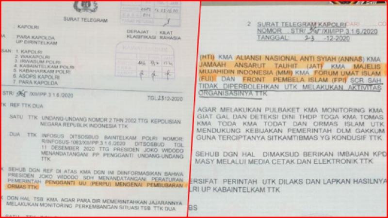 Beredar Surat Kapolri Sebut Jokowi Mau Bubarkan 6 Ormas Islam, Ada FPI. (Twitter @BungkusTukang).