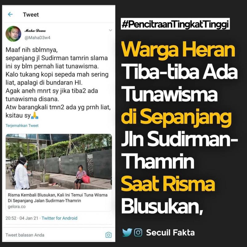 Netizen: Aneh Tiba-tiba Ada Tuna Wisma di Sudirman saat Risma Blusukan. (twitter).