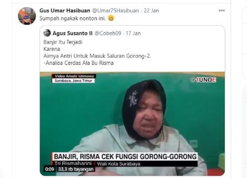 Risma: Banjir Akibat Air Antri Masuk Selokan, Gus Umar: Sumpah Ngakak! (Twitter).