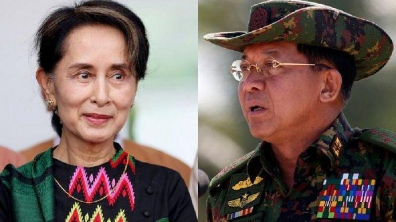 Aung San Suu Kyi dan Pimpinan Kudeta Militer Myanmar, Jenderal Min Aung Hlaing. (Tribun).