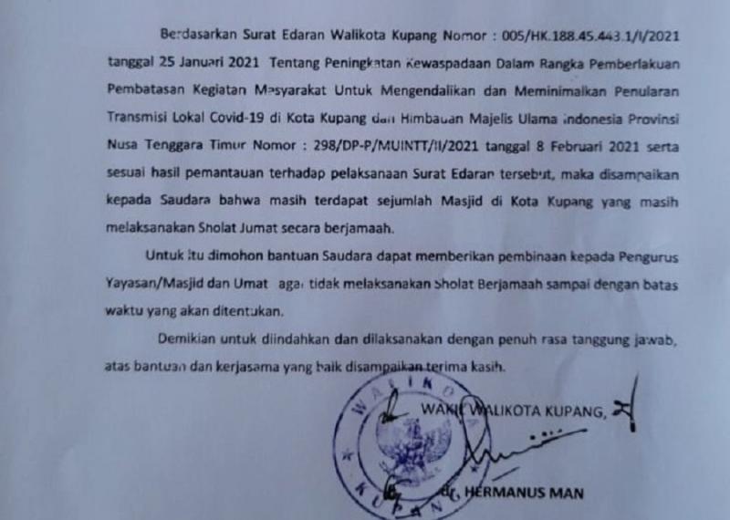 Viral! Surat Wali Kota Kupang Larang Salat Berjamaah & Salat Jumat. (Twitter @QaillaAsyiqah).
