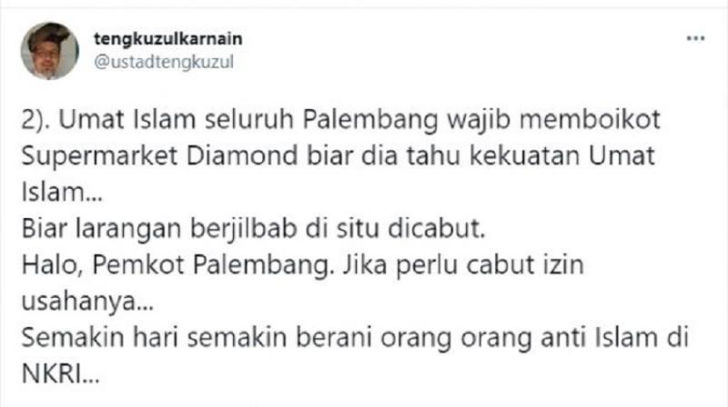Larang Karyawan Berhijab, Ust Tengku Ajak Boikot Supermarket Diamond. (Twitter).