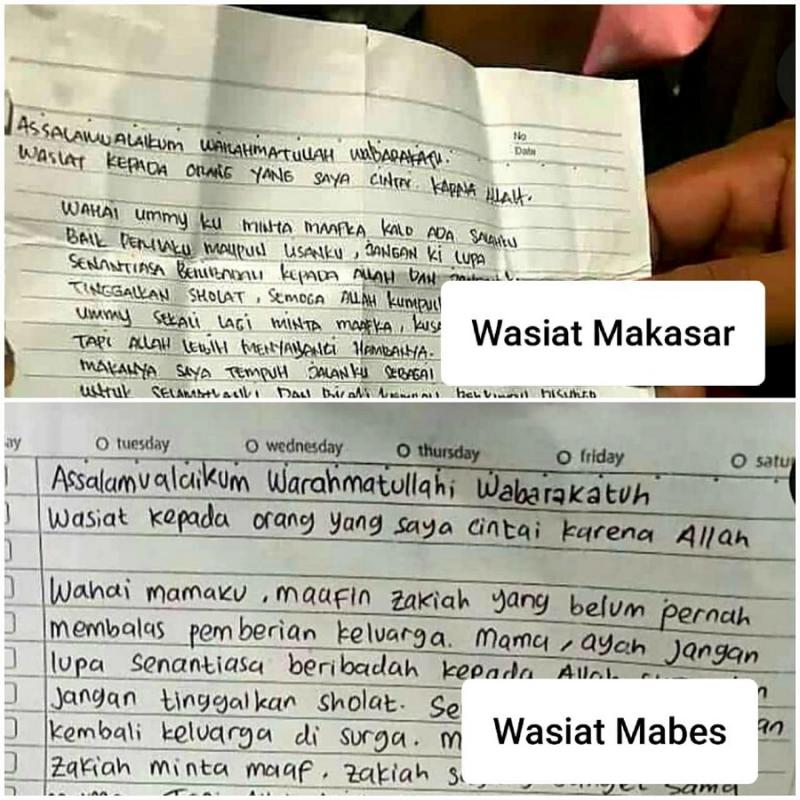Surat Wasiat Bomber Makassar & Penyerang Mabes Polri Mirip, Kebetulan? (Istimewa).
