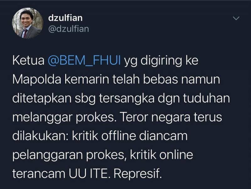 Ketua BEM FH UI Tersangka Demo Hardiknas, Teror Negara Terus Dilakukan. (Twitter).