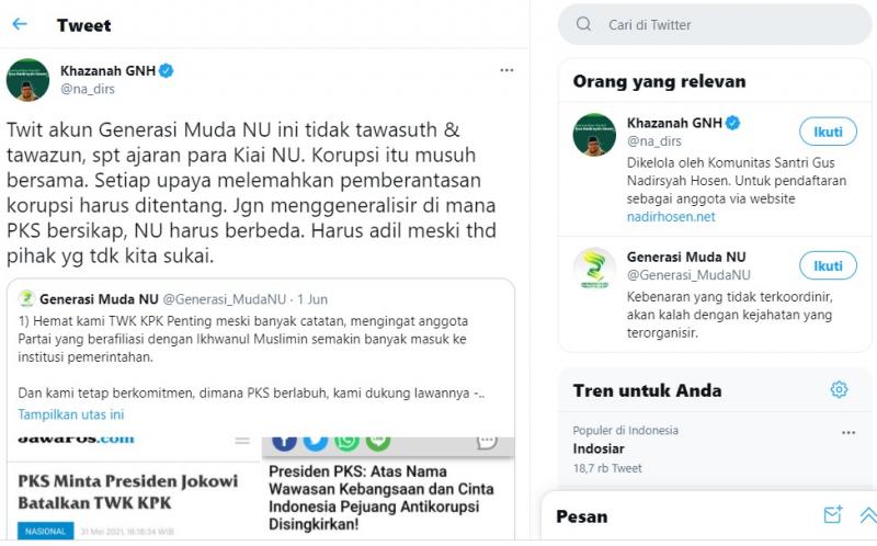 Tokoh NU Gus Nadir Sesalkan Twit Generasi Muda NU soal Pegawai KPK. (Twitter).