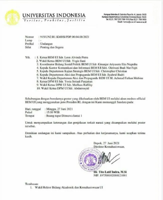 Soal BEM UI Dipanggil Rektorat: Setop Pemberangusan Kebebasan Sipil! (istimewa).