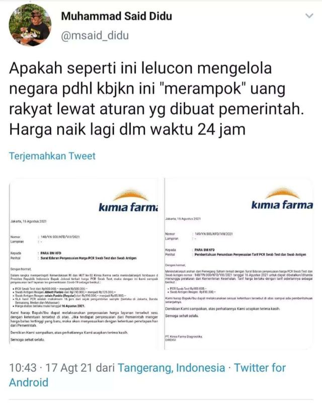 Postingan Said Didu tentang kenaikan tarif PCR dalam 24 jam oleh Kimia Farma (Ist)
