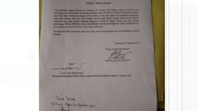 Surat pernyataan dokter di Sulawesi Selatan yang menyebut pasien Covid-19 tidak ada viral (SuaraSulsel.id)