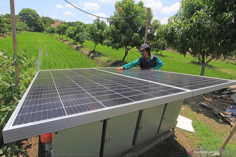Ilustrasi: Petani membersihkan permukaan panel surya (solar cell) di area lahan tumpang sari miliknya di Kelurahan Karanganyar, Indramayu, Jawa Barat, Kamis (12/11/2020). (Foto: Antara/Dedhez Anggara).