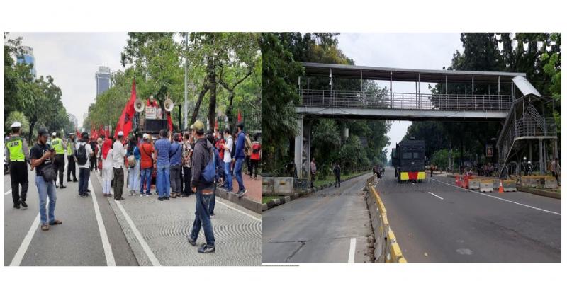 Demo Mahasiswa-Buruh, Aparat Tutup Jalan Medan Merdeka Barat ,Foto CNN