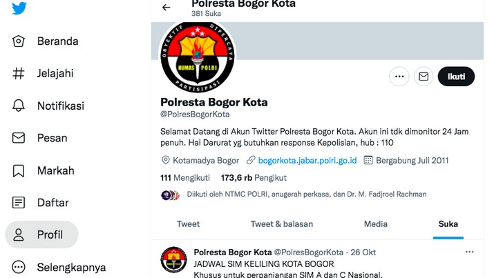 Akun Polres Bogor Kota diduga menyukai akun pornografi di twitter (Tangkapan layar Twitter)