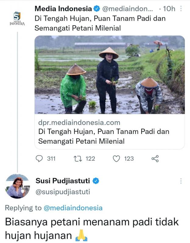 Heboh Susi Pudjiastuti Komentari Puan Maharani Tanam Padi saat Hujan, (Twitter),