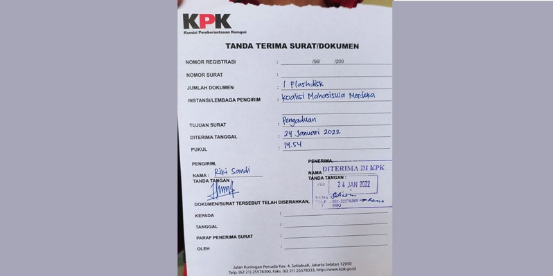 Surat tanda terima dokumen tambahan dari Koalisi Mahasiswa Merdeka dari KPK. (RMOL.id).