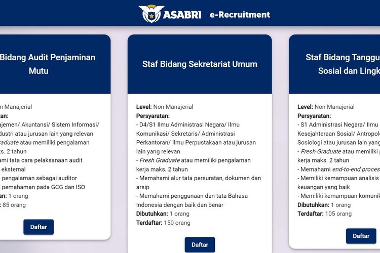 Tampilan layar lowongan kerja BUMN PT Asabri (Persero).(DOK. Asabri)
