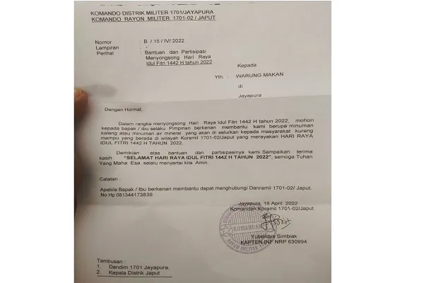 Surati Warung Minta Bantuan, TNI AD Sanksi Danramil Jayapura Utara. (Twitter).