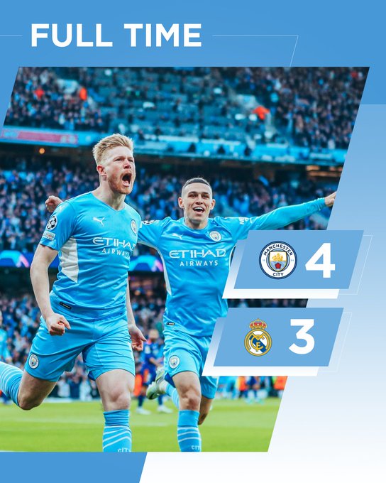 Leg Pertama Semifinal Liga Champions: Man City Hajar Real Madrid 4-3. (Twitter Man City).