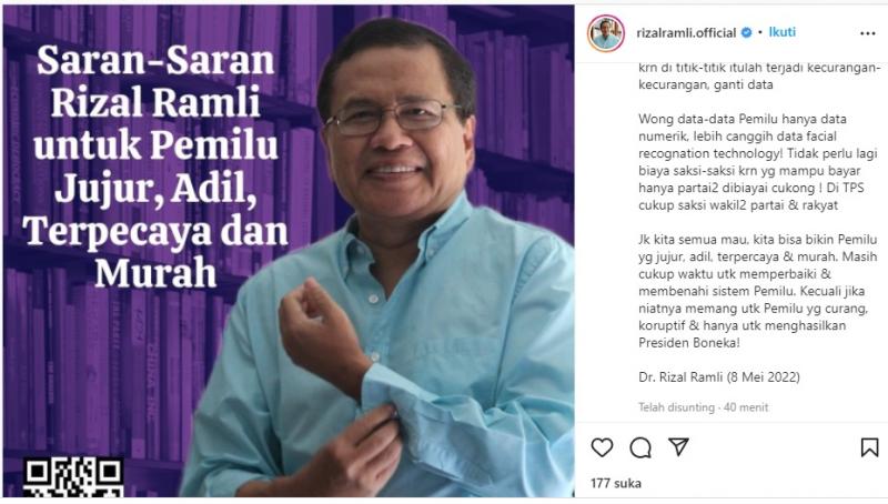 Begini Saran Rizal Ramli Agar Pemilu Jujur, Adil, Terpercaya dan Murah. (Instagram).